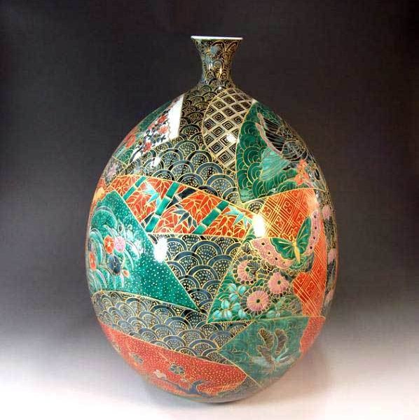 有田焼 陶芸家 藤井錦彩作】有田焼美術品 金彩青海波花鳥絵飾り花瓶