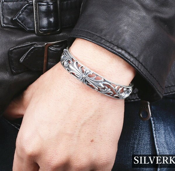 シルバー925素材 フローラルバングル シルバー クロスバングル 925