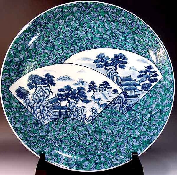 有田焼 陶芸家 藤井錦彩作】有田焼美術品 染錦唐草割山水絵飾り大皿