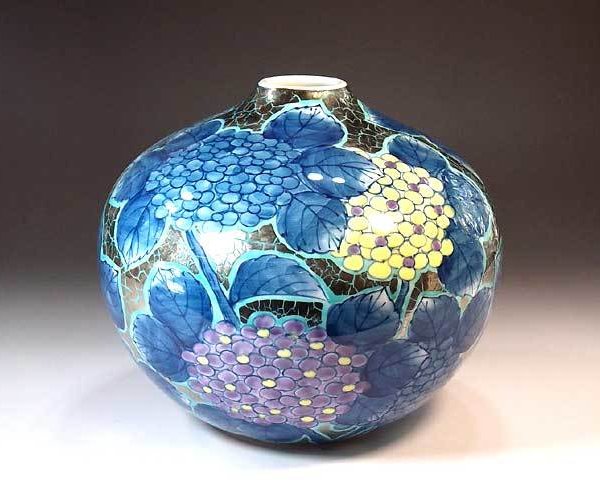 有田焼 陶芸家 藤井錦彩作】有田焼美術品 染錦プラチナ彩紫陽花絵飾り