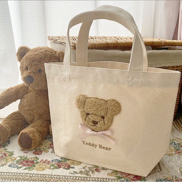 名入れ キャンバスミニトートバッグ もこもこ テディベア ランチトート