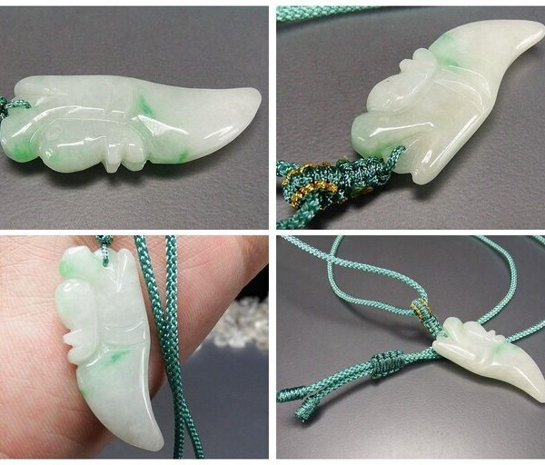 ひすい龍頭勾玉形手彫り明るい色合いに緑入り天然石本翡翠ネックレス