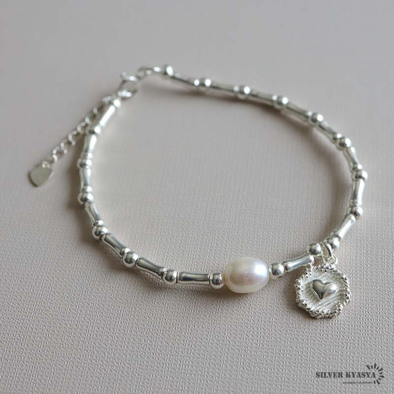 シルバー925 パールブレスレット ハートマークブレスレット 天然淡水