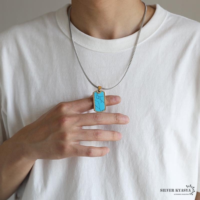 ステンレス ドッグタグネックレス ターコイズブルーネックレス