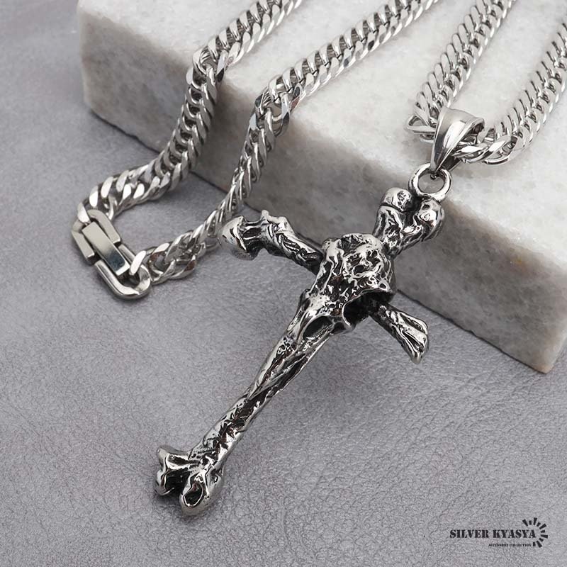 ステンレス クロスネックレス ボーンネックレス シルバー ダブル喜平