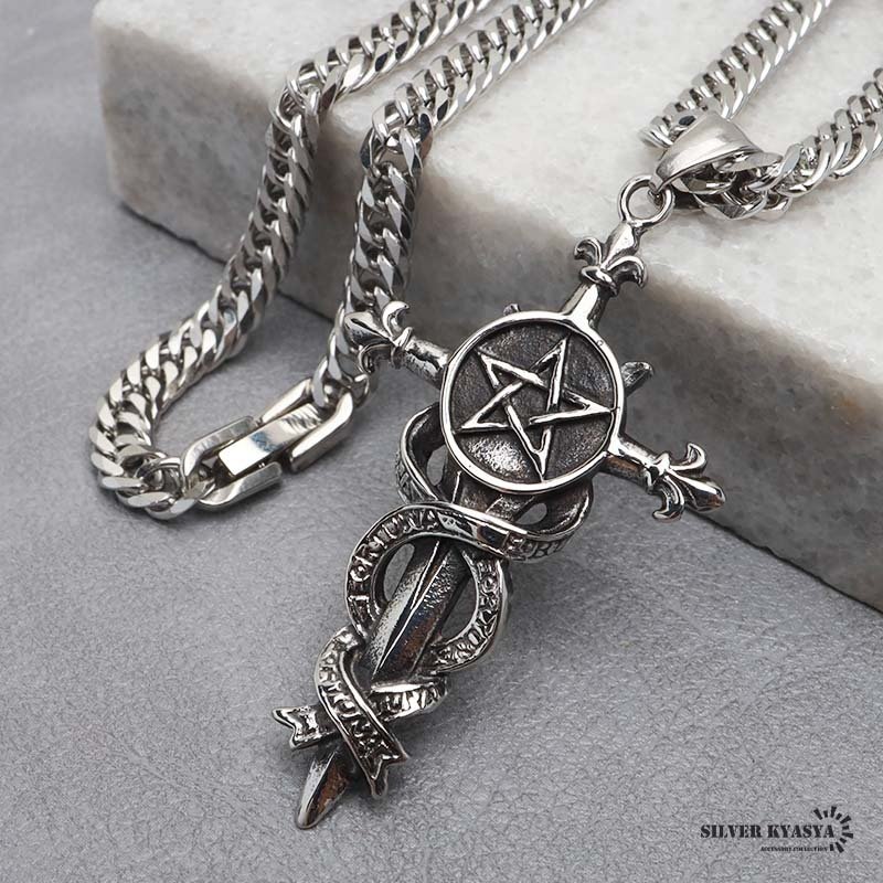 ステンレス クロスネックレス 五芒星ネックレス シルバー ダブル喜平