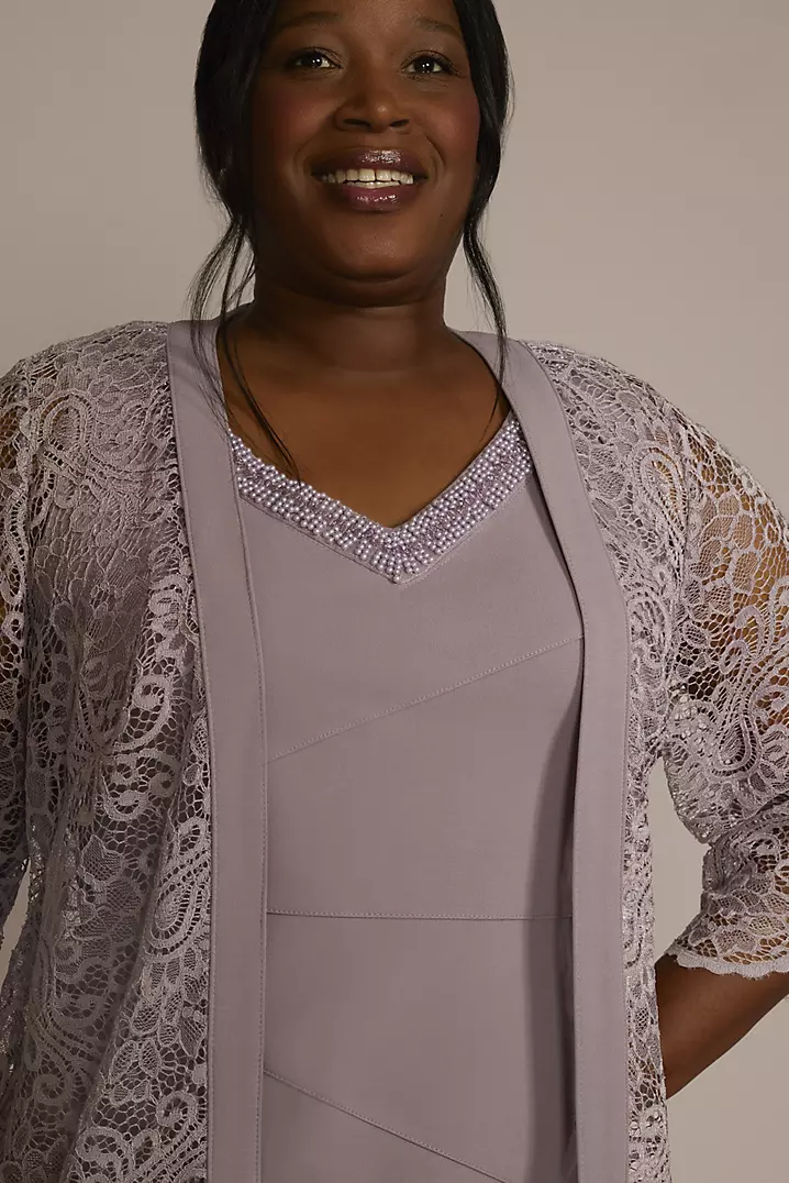 Short Beaded V-Neck Dress with Sheer Sleeve Jacket | David's Bridal