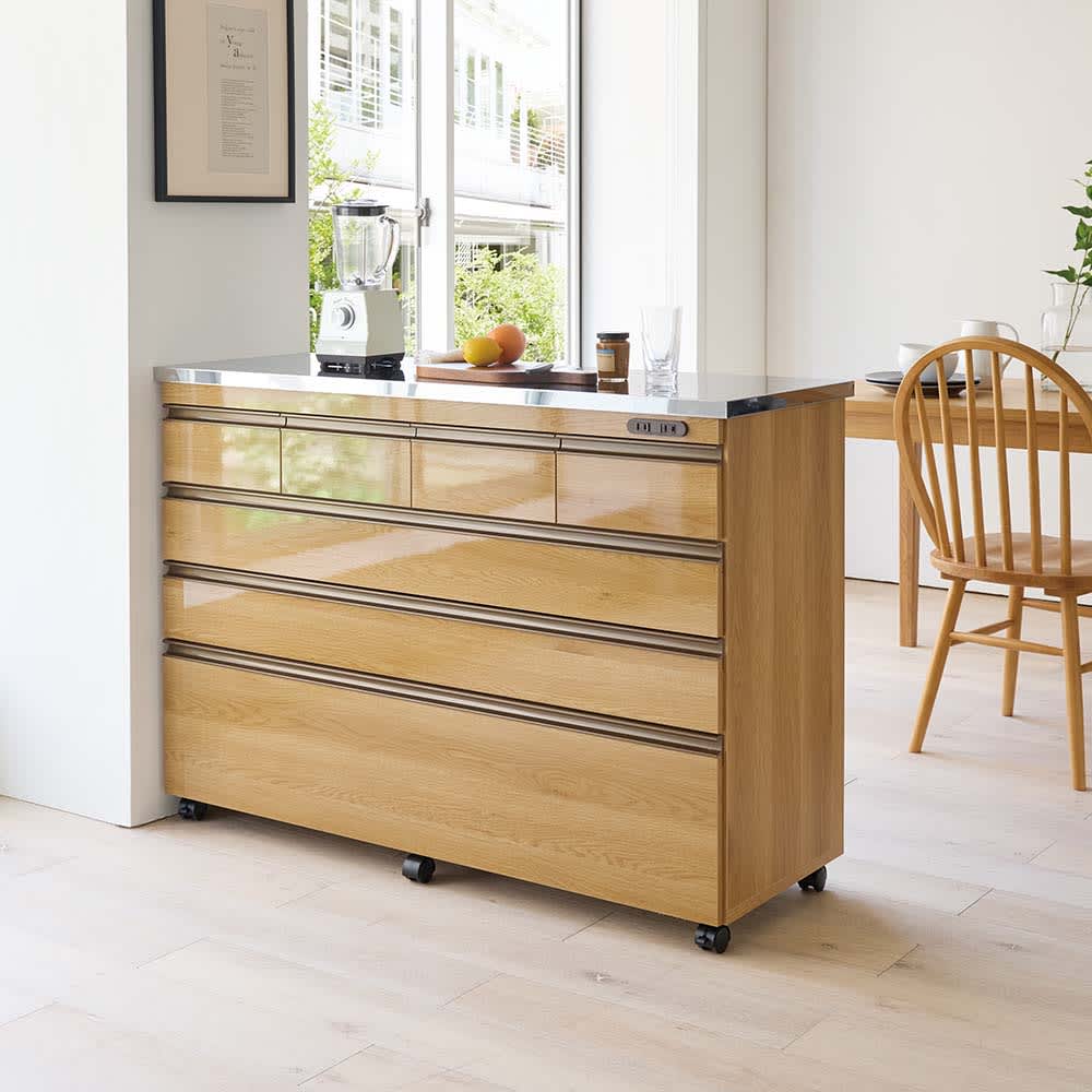 移動できる光沢ステンレス天板キッチンカウンター 幅120.5cm 4段・高さ