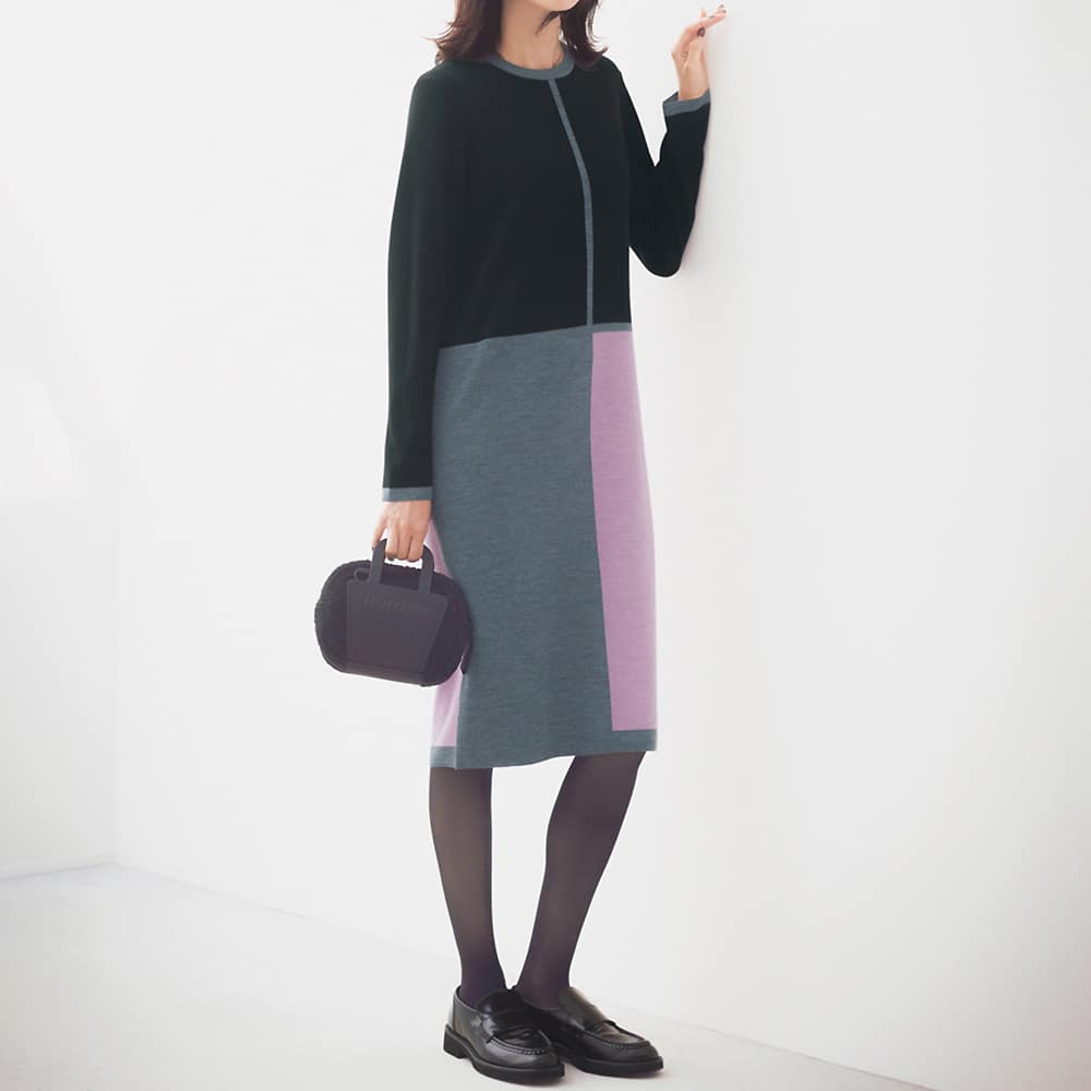 ウール混 カラーブロック 総針編み ワンピース 通販 - ディノス