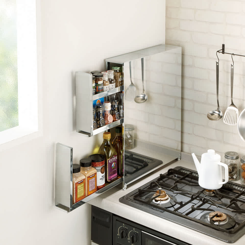 コンロ脇で使えるステンレス棚スパイスラック（調味料ポット6個付き