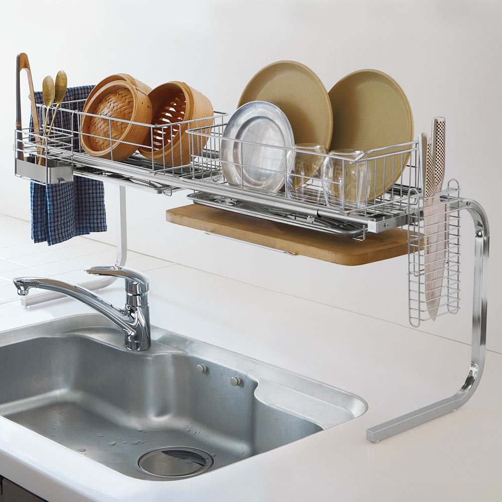 手前がすっきり伸長式シンク上ステンレス水切り1段（幅84～104cm