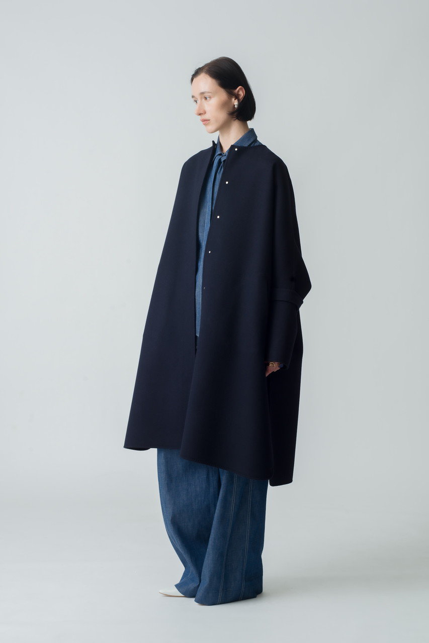 ebure(エブール)｜リュクスメルトン ノーカラーロングコート/ネイビー