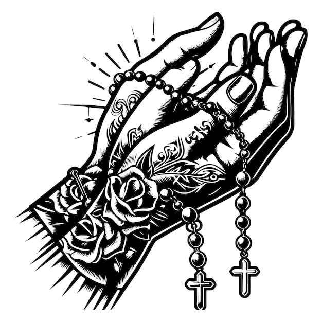Praying hands with rosary tattoo vector | Premium AI-generated vector