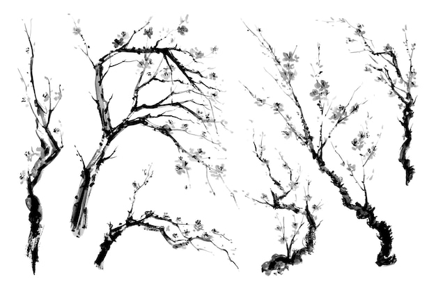 水彩画 水墨画 墨絵桜枝集 | Premiumベクトル素材