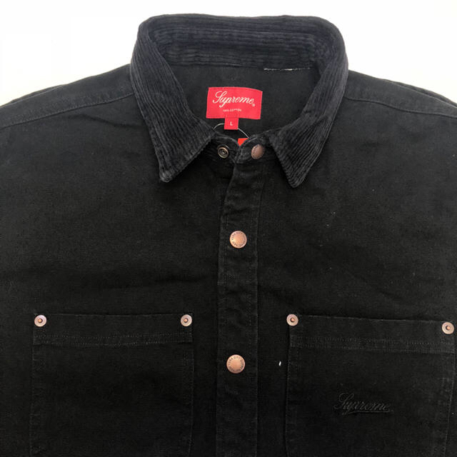 L supreme script canvas ショップ snap shirt black