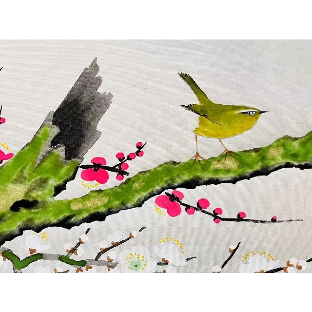 掛軸 高松英彩『紅梅白梅図 花鳥図』日本画 絹本 共箱付 掛け軸 R02251