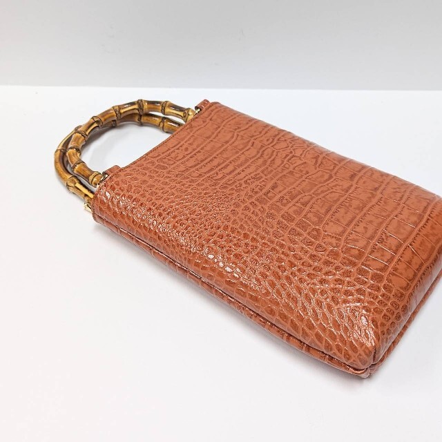 ◇ 牛革クロコ型押し バンブー手提げ 橙色 ◇神輿祭り山車バッグ三社祭
