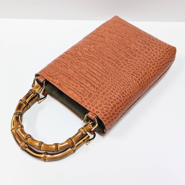 ◇ 牛革クロコ型押し バンブー手提げ 橙色 ◇神輿祭り山車バッグ三社祭