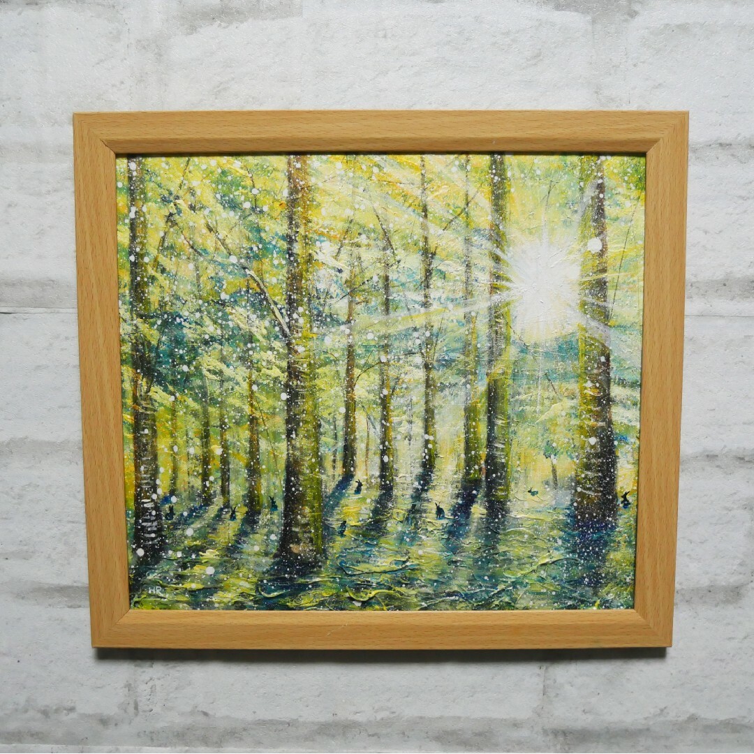 油絵 油彩 油彩画 絵 絵画【雪の朝日小さいウサギ達】