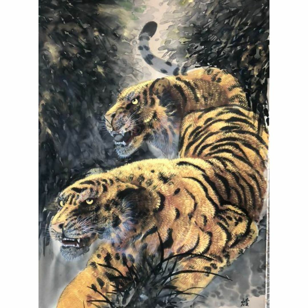 模写】日本画 彩色 苅谷翠虹「猛虎の図」絹本 掛け軸 大幅 木箱 MA547