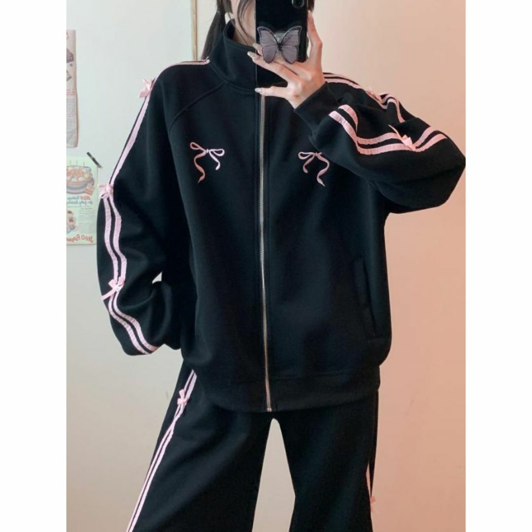 M スウェットセットアップ ジャージ 上下セット 黒 ピンク ライン