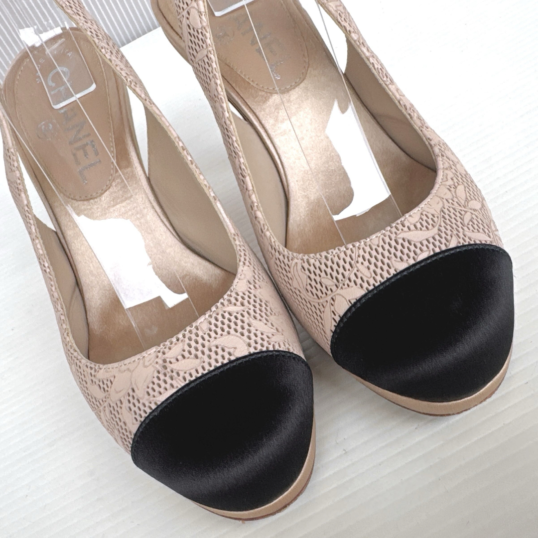 CHANEL - CHANEL シャネル レース 花柄 バイカラー スリングバック