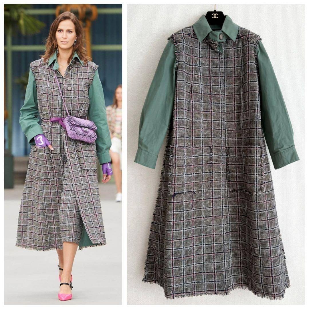 CHANEL 2020 ツイード 異素材 ステンカラーコート カーキ 36