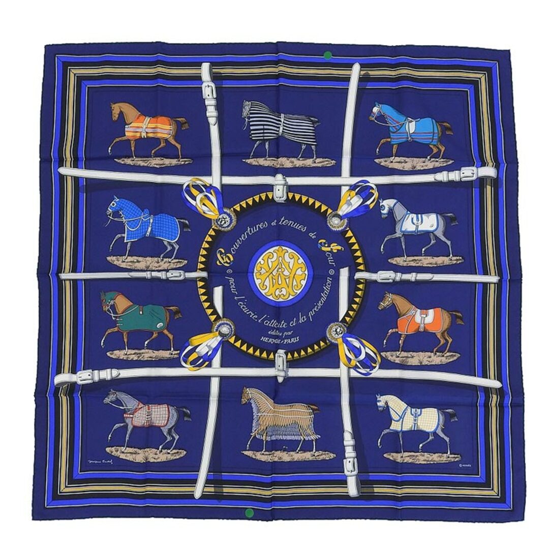 HERMES - エルメス HERMES カレ90 スカーフ 馬着 シルク100% ネイビー