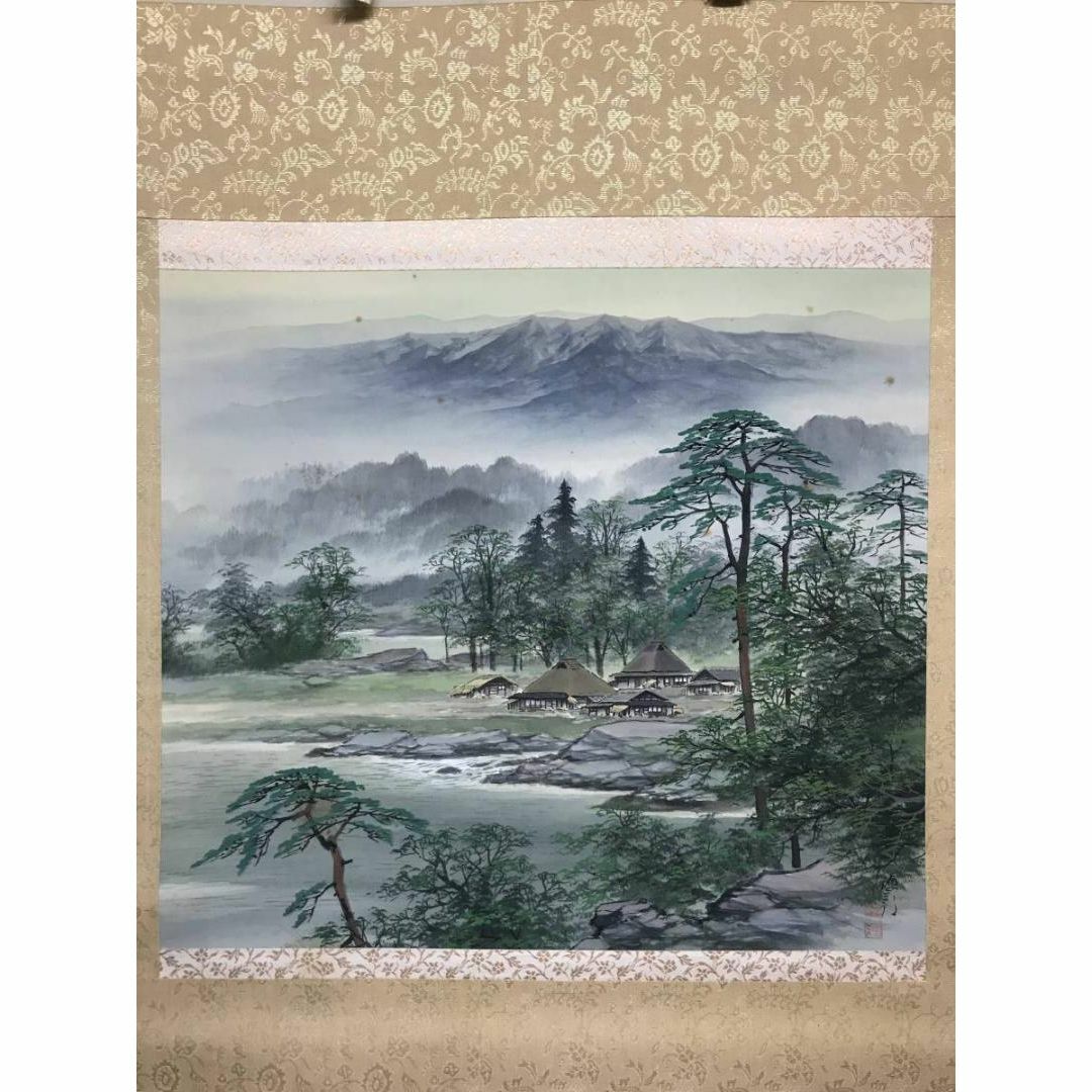真作】百瀬徳三郎/青緑山村図/山水図/横物/掛軸☆宝船☆AC-156の通販