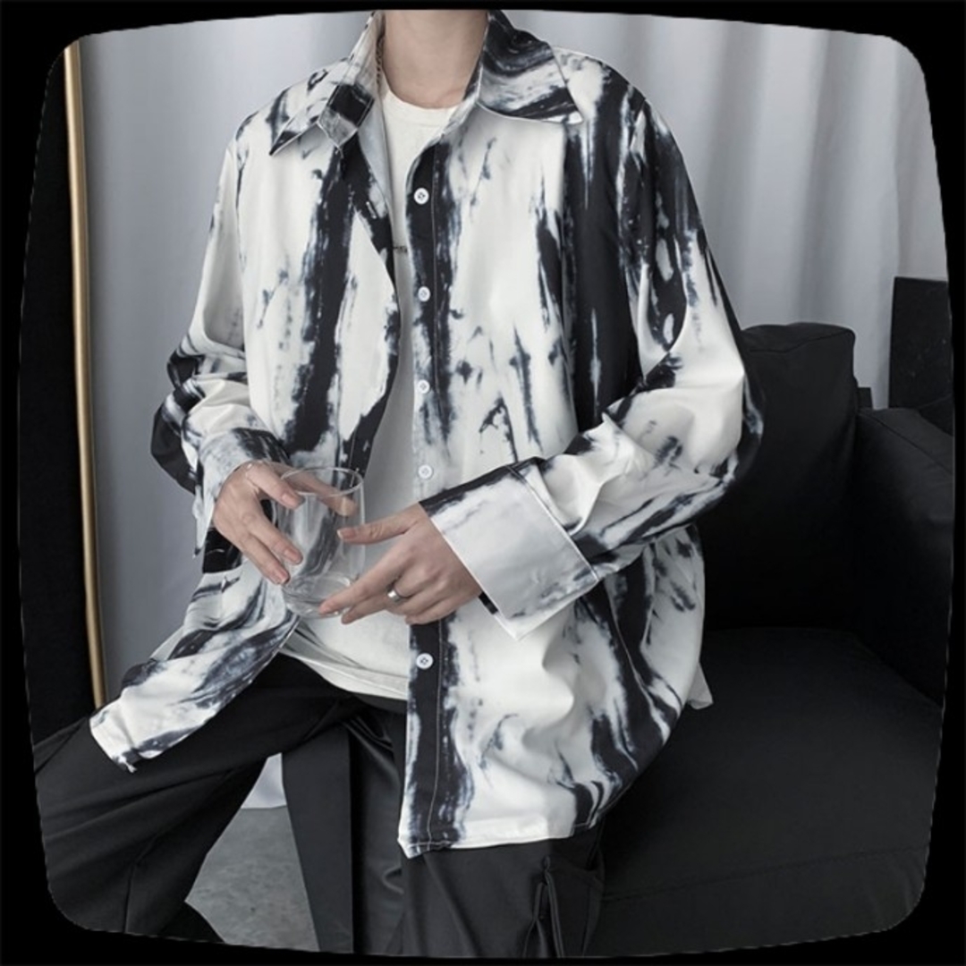 メンズ 柄シャツ デザイン モノクロ 模様 シャツ 長袖 白 シンプルの