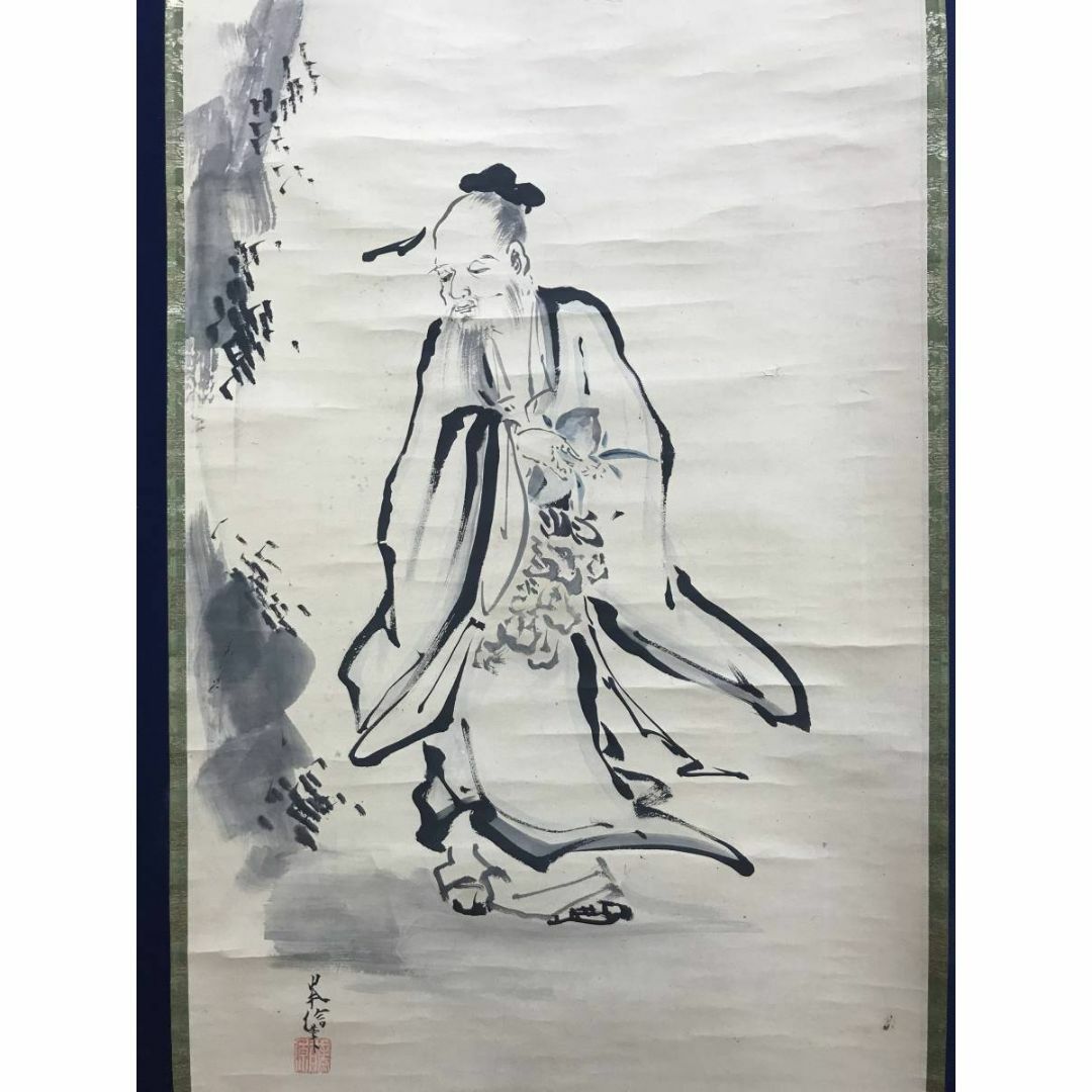 真作/狩野岑信/桃仙人/東方朔/鳥図/三幅対/江戸前期/掛軸☆宝船☆AE