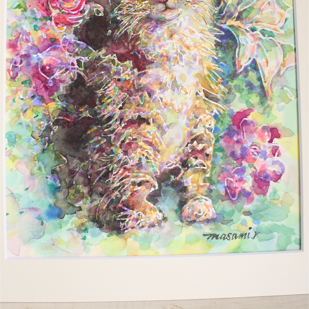 猫の絵 水彩画 原画 額付き「花の香り」F4 水彩画 原画 額付き「花