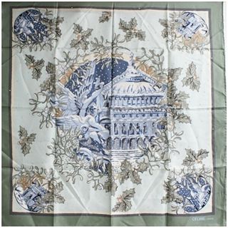 CELINE - セリーヌ スカーフ 絹 シルク 大判 馬 タッセル ロゴ 総柄 白