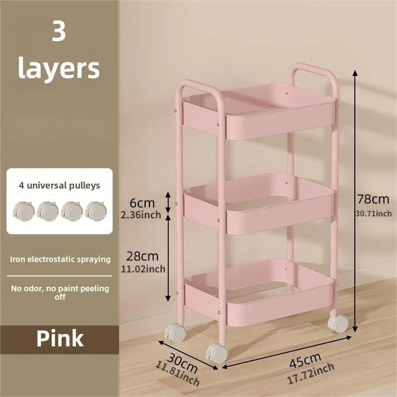 3段式メタル収納カート ピンクのキッチンワゴン キャスター付き 寝室と