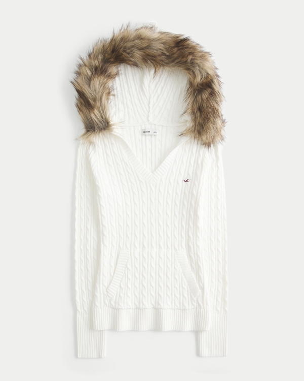 Women's Faux Fur Trim Hooded Cable-Knit Sweater | Women's Tops