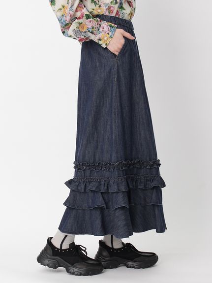 ライトオンスデニム フレアギャザーフリルスカート（フレアスカート