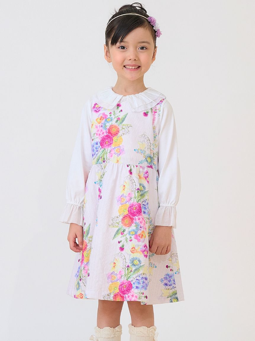 ストライプフラワープリントジャンパースカート（ジャンスカ・サス付