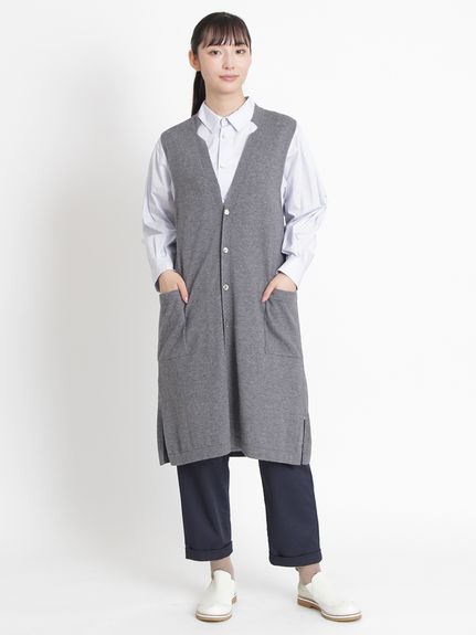 マーセライズドウールコットンニットロングベスト（ニット）｜KEI