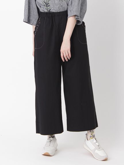 コットンナイロンストレッチ スカラップ刺繍ワイドパンツ（ワイド
