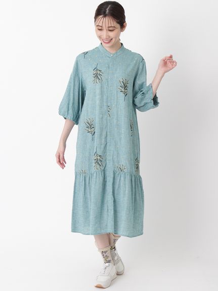 先染めシャンブレー ミモザ&ドット刺繍ワンピース(前開き)（シャツ