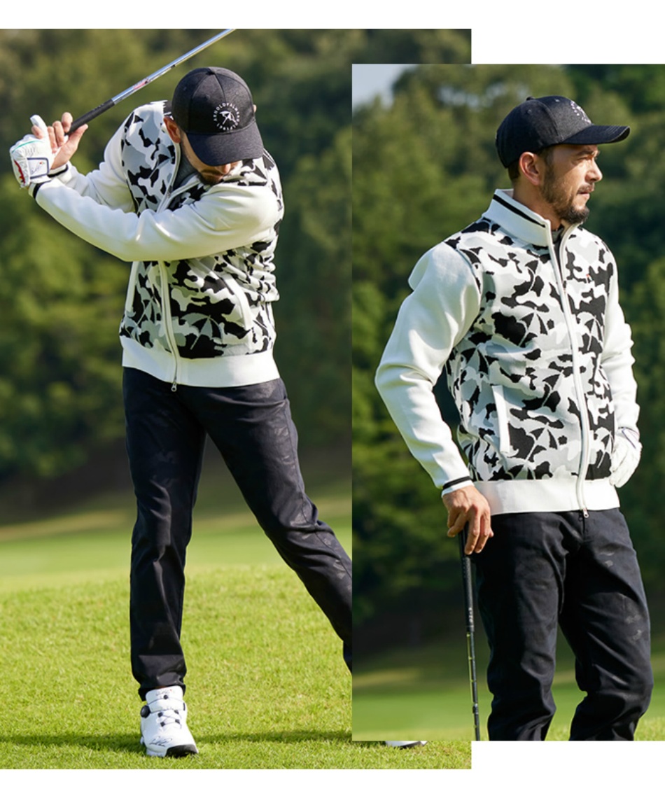 ゴルフウェア ブルゾン メンズ カモフラフルジップニットジャケット