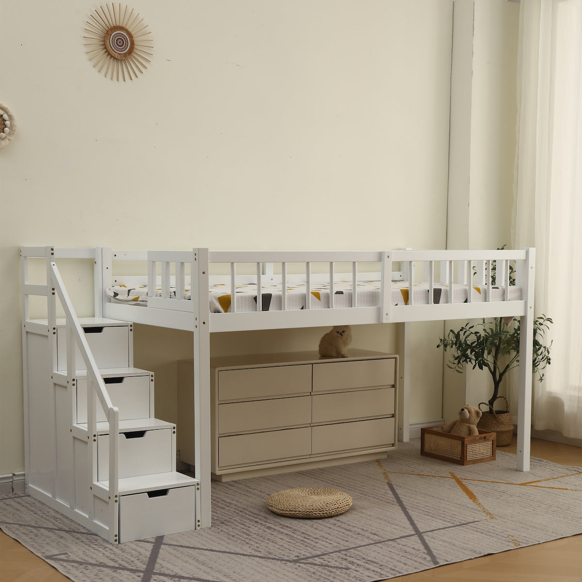 階段付き木製ロフトベッド | 限られた空間を有効活用できる多機能