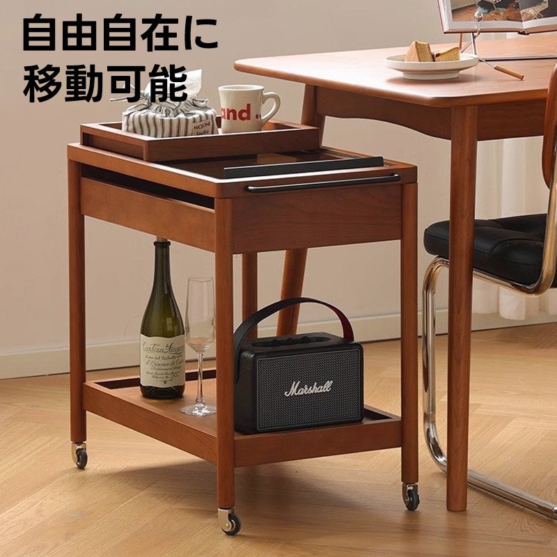 ツゲ材 トレイ付き移動式ワゴン | 実用性と高級感を両立させた