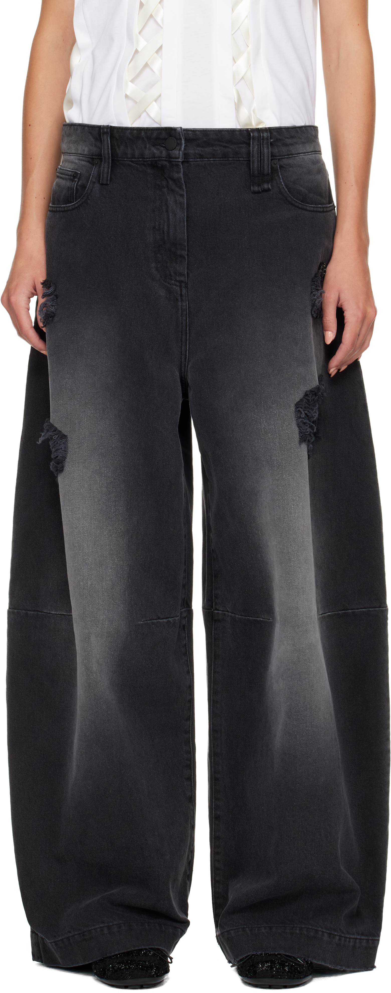 Black Embellished Wide Leg Puddle Jeans by Simone Rocha on Sale