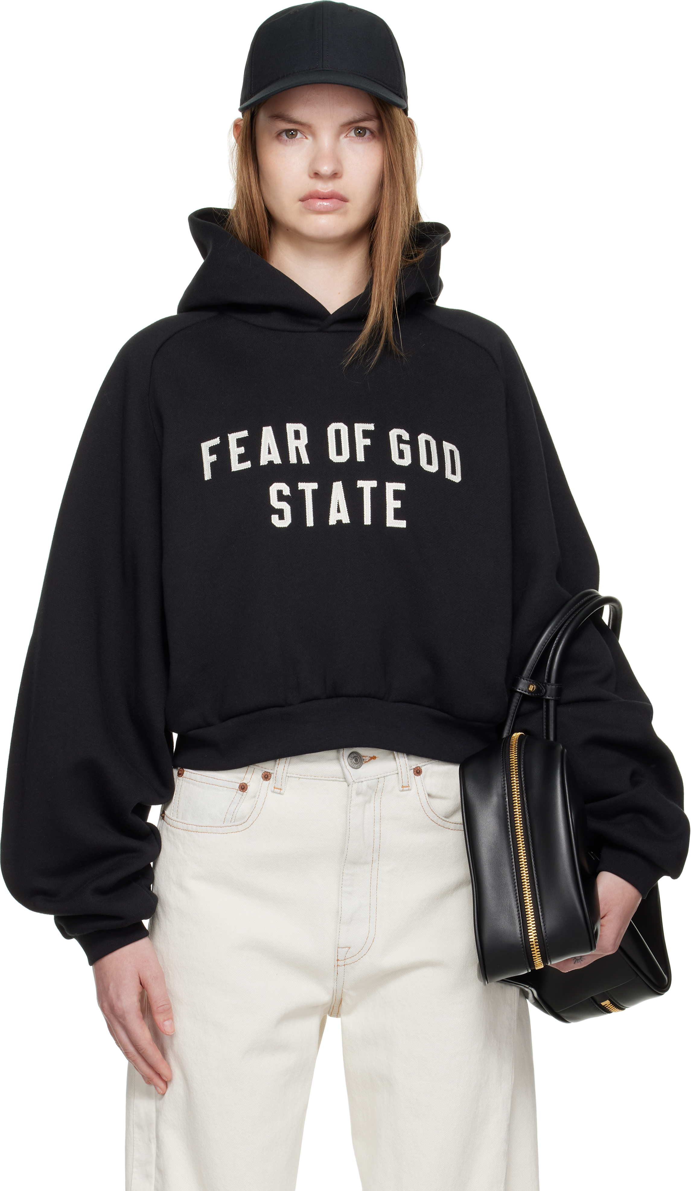 Fear of God ESSENTIALS: Black Fleece Raglan Hoodie | SSENSE