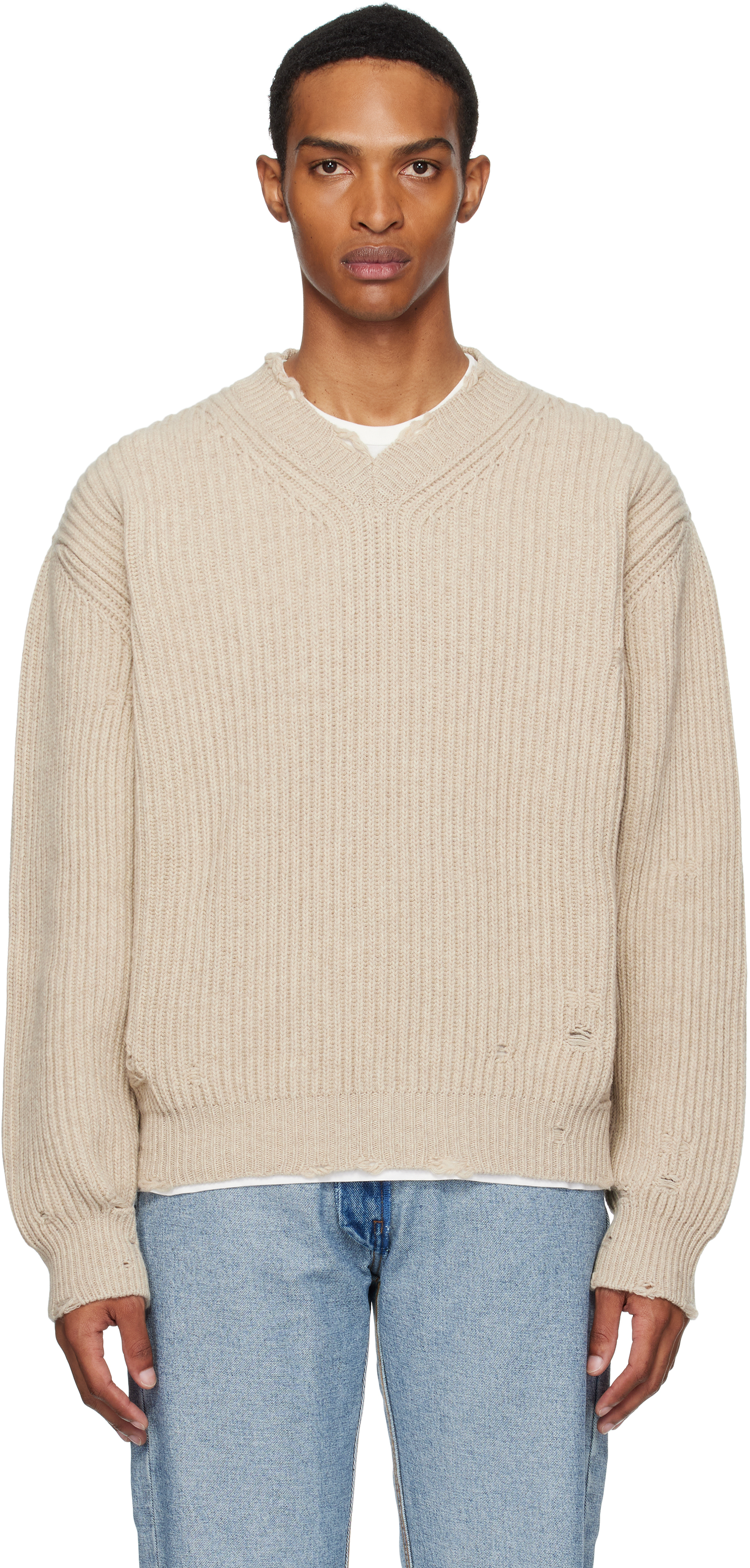Beige Ribbed Wool Knit Sweater by MM6 Maison Margiela on Sale