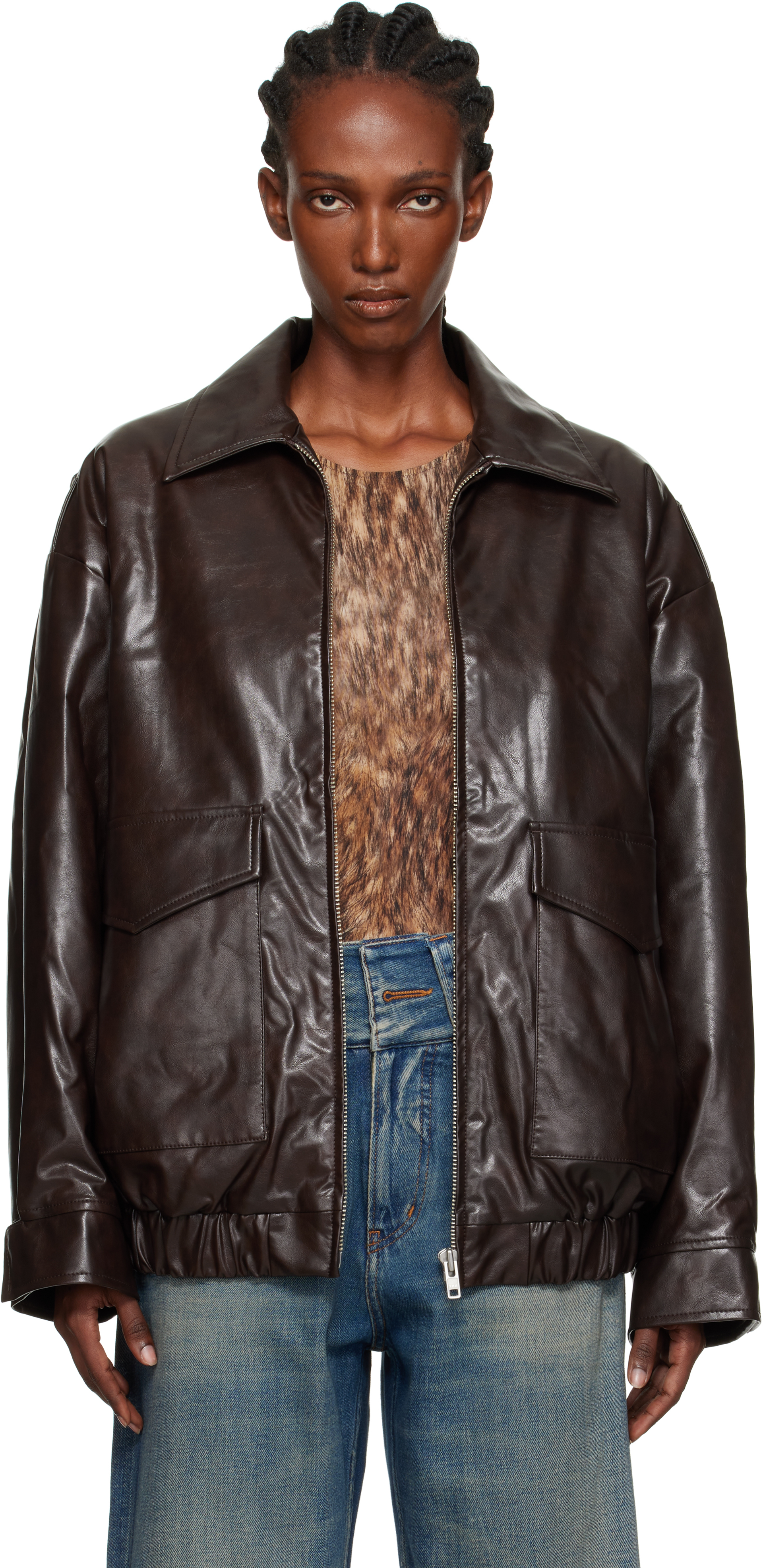 MM6 Maison Margielaのブラウン ジッパー フェイクレザー ボンバー