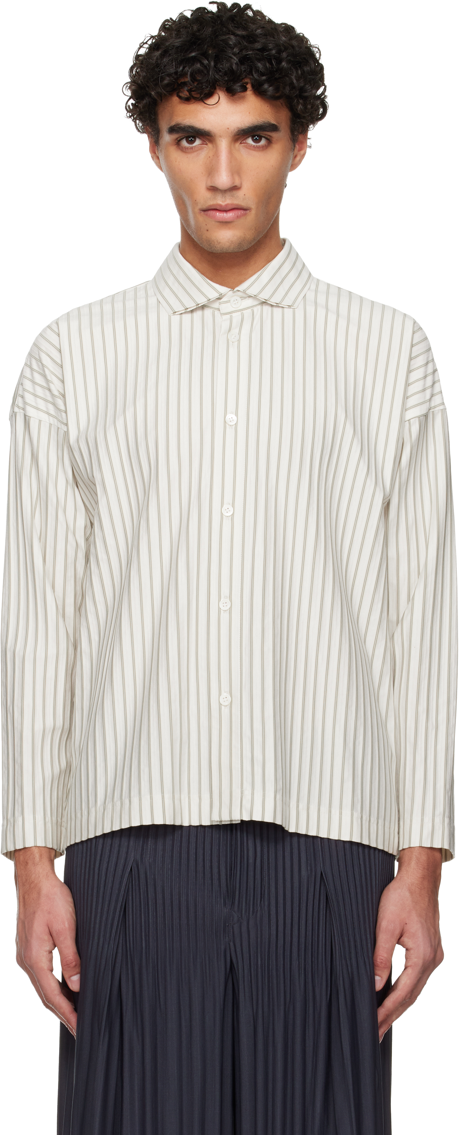 HOMME PLISSÉ ISSEY MIYAKE: White Stripe Jersey Shirt | SSENSE