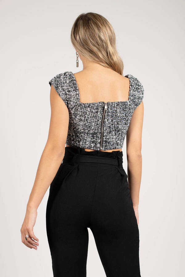 Black Tweed Crop Top - Square Neck Crop Top - Crop Top With Cap