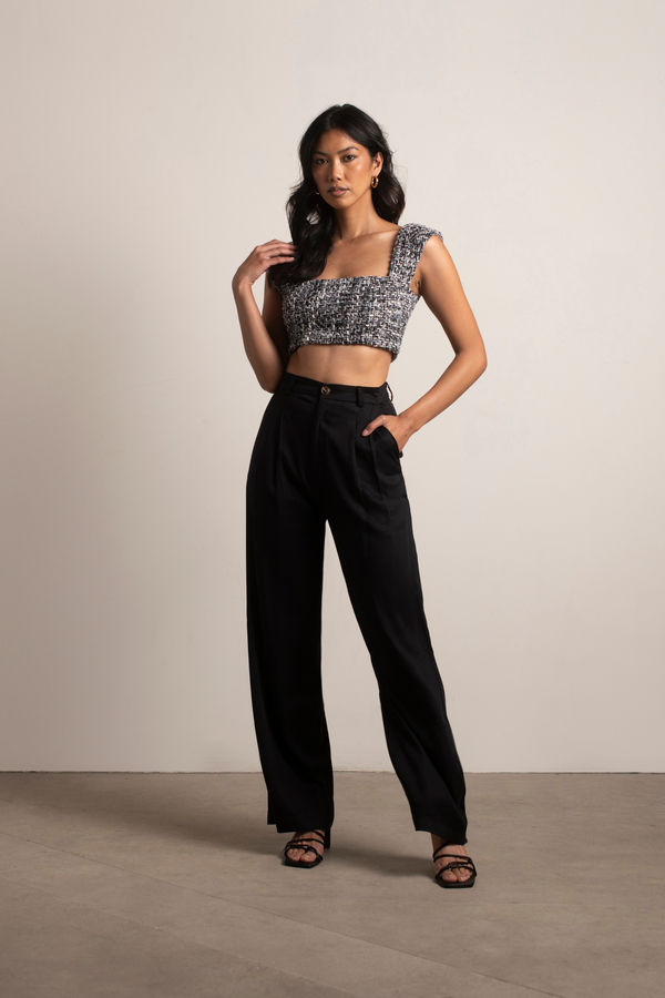 Black Tweed Crop Top - Square Neck Crop Top - Crop Top With Cap
